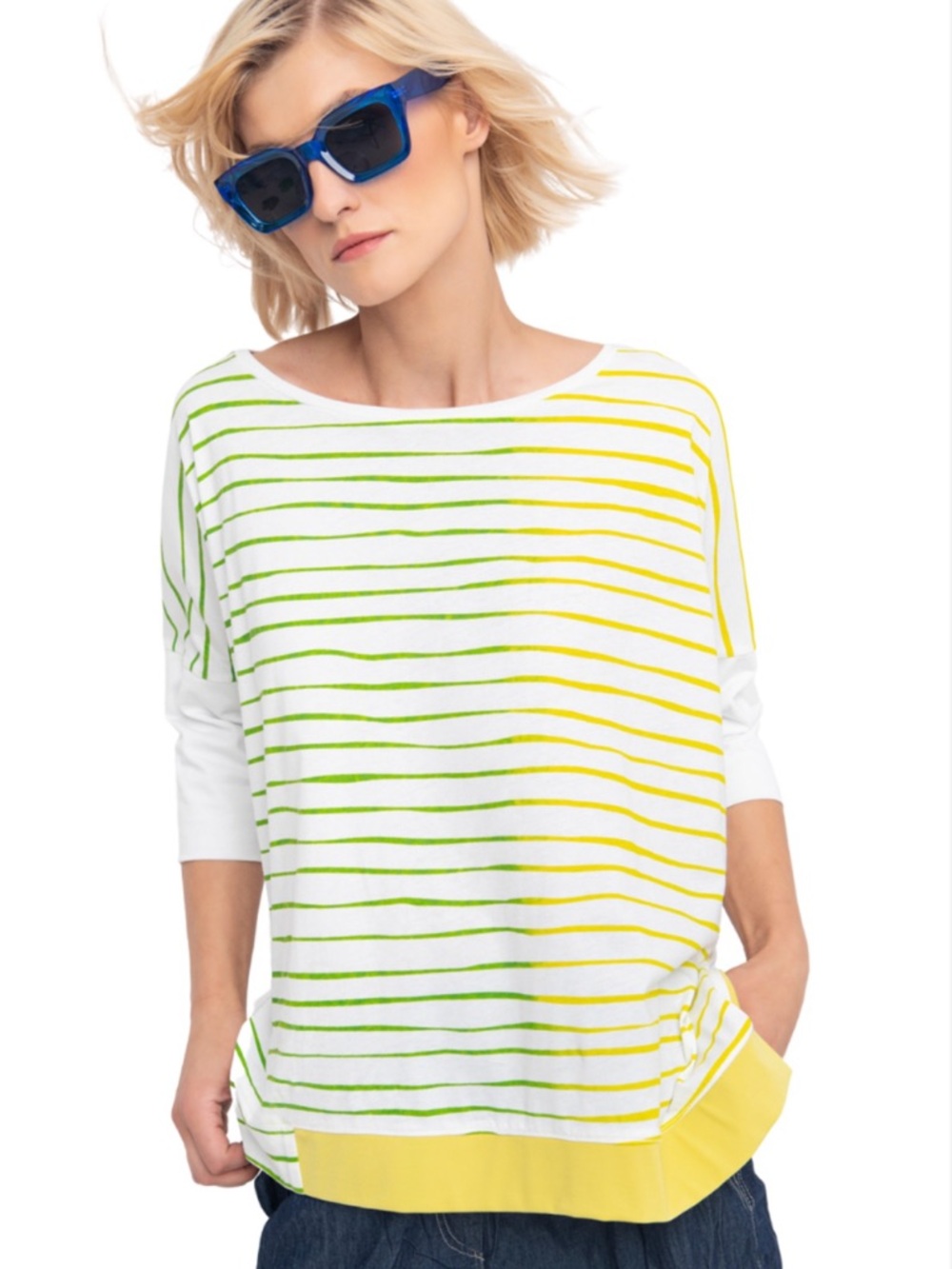 NWT Ozai N Ku Striped Boatneck Eden Top Lime/White